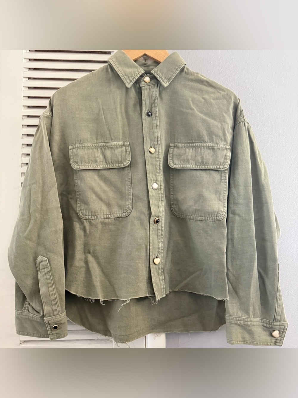 AMO Olive Green  Cropped Oversized Style Cotton Linen Button-Up Shirt - Picture 2 of 12